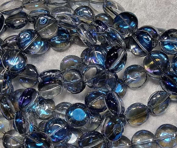 12x12.5x6.5MM GLASS E.PLATED RAINBOW COIN BEADS - MEDIUM BLUE