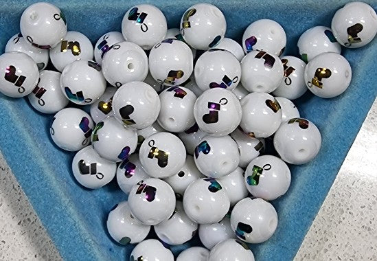 10MM  GLASS BEADS - Packet of 10 - XMAS STOCKING - WHITE/MULTI