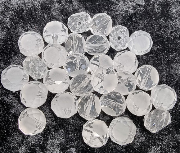 14MM GLASS BEADS - FROSTED FACE, FLAT ROUND FACETED - CLEAR