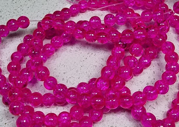 4MM ROUND GLASS CRACKLE BEAD STRANDS - HOT PINK