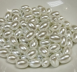 8MM X 6MM GLASS RICE PEARLS - SILVERY WHITE
