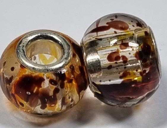 RONDELLES - 13-14MM H/MADE LAMPWORK GLASS BEADS- LIGHT & DARK BROWN FLECK