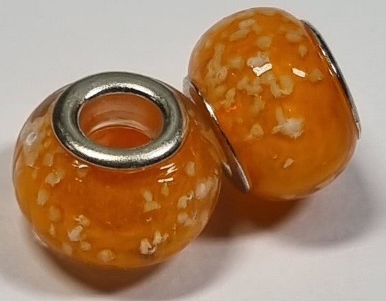 RONDELLES - 13-14MM H/MADE LAMPWORK GLASS BEADS- ORANGE/CREAM