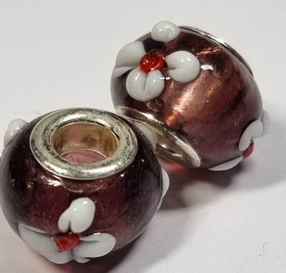 RONDELLES - 13-14MM H/MADE LAMPWORK GLASS BEADS- AMETHYST/FLORAL