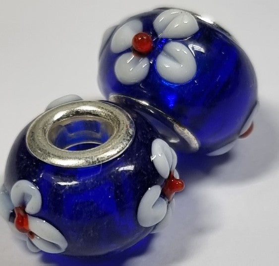 RONDELLES - 13-14MM H/MADE LAMPWORK GLASS BEADS- ROYAL BLUE/FLORAL