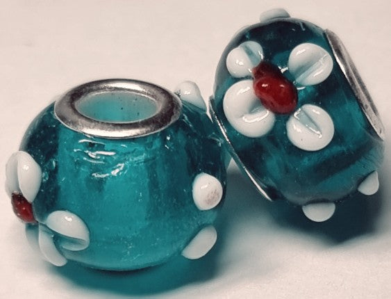 RONDELLES - 13-14MM H/MADE LAMPWORK GLASS BEADS- GREEN TURQUOISE/FLORAL