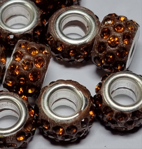 RONDELLES - 10MM H/MADE POLYMER CLAY & RHINESTONE BEADS- BROWN