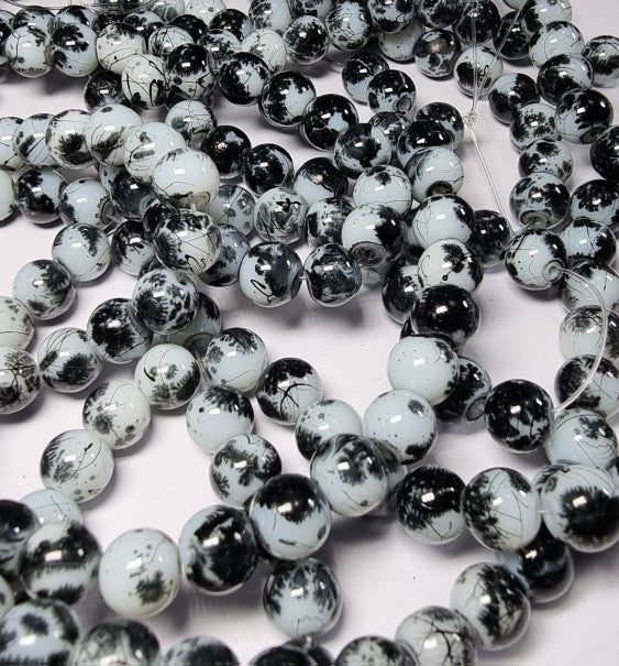 8MM GLASS BEADS - WHITE/BLACK FLECK