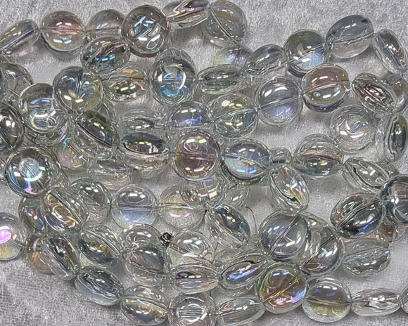 12x12.5x6.5MM GLASS E.PLATED RAINBOW COIN BEADS - CLEAR AB