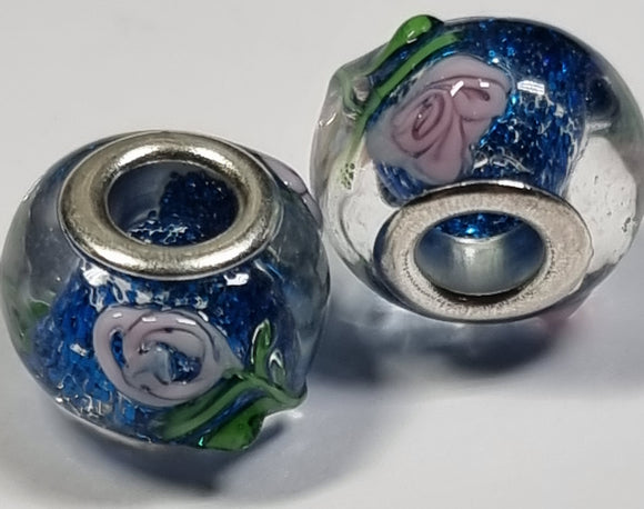 RONDELLES - 13-14MM H/MADE LAMPWORK GLASS BEADS- DARK BLUE/FLORAL