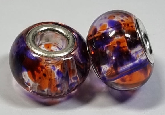 RONDELLES - 13-14MM H/MADE LAMPWORK GLASS BEADS- PURPLE/ORANGE