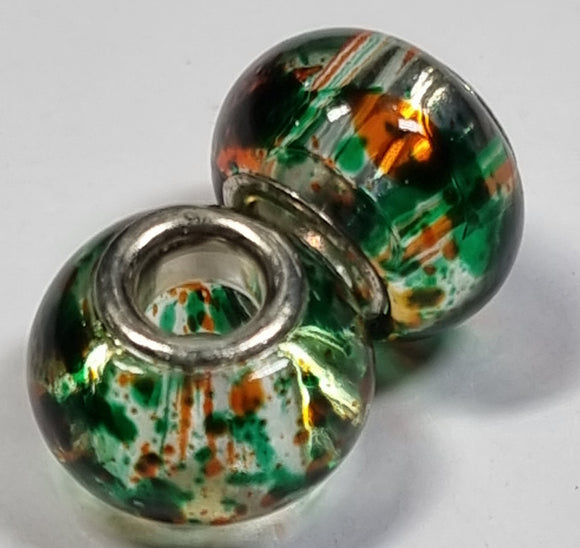 RONDELLES - 13-14MM H/MADE LAMPWORK GLASS BEADS- GREEN/ORANGE FLECK