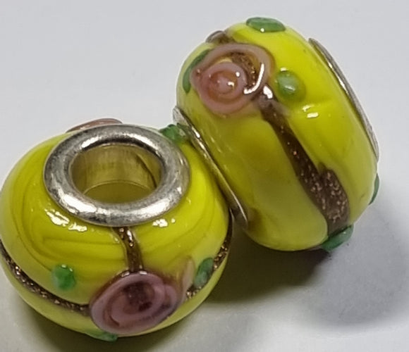 RONDELLES - 13-14MM H/MADE LAMPWORK GLASS BEADS- YELLOW/FLORAL