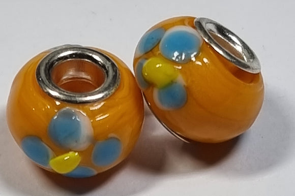 RONDELLES - 13-14MM H/MADE LAMPWORK GLASS BEADS- ORANGE/FLORAL