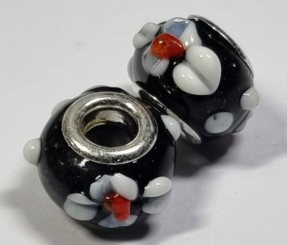 RONDELLES - 13-14MM H/MADE LAMPWORK GLASS BEADS- BLACK/FLORAL