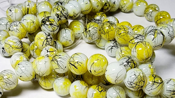 8MM GLASS BEADS - YELLOW/BLACK FLECK