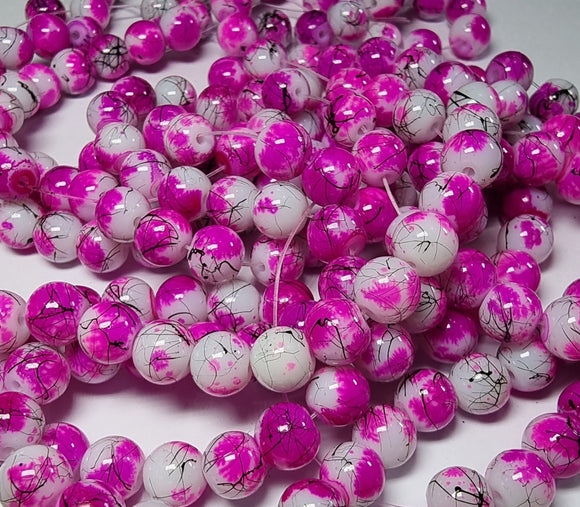 8MM GLASS BEADS - FUCHSIA/BLACK FLECK