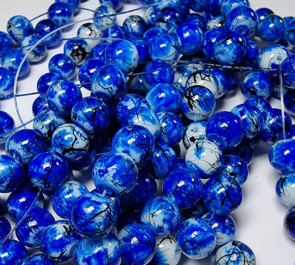 8MM GLASS BEADS - ROYAL BLUE/BLACK FLECK
