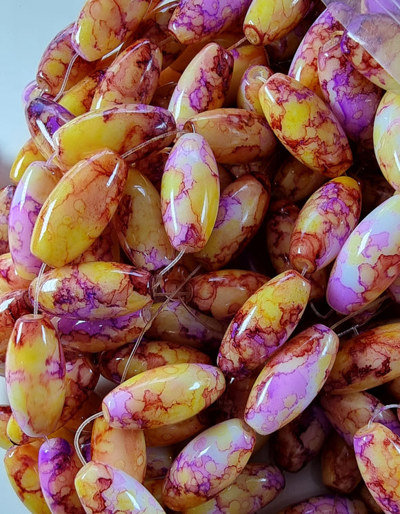 OVAL - 22 X 10MM GLASS BEADS - PURPLE/YELLOW