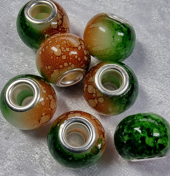 15X11MM BRASS CORE GLASS TWO-TONED RONDELLES - GREEN/ORANGE