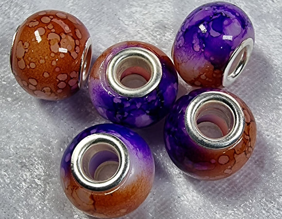 15X11MM BRASS CORE GLASS TWO-TONED RONDELLES - PURPLE/RUST