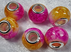 15X11MM BRASS CORE GLASS TWO-TONED RONDELLES - FUCHSIA/YELLOW