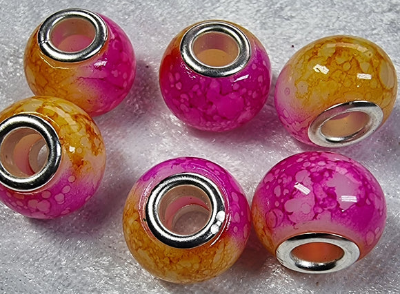 15X11MM BRASS CORE GLASS TWO-TONED RONDELLES - FUCHSIA/YELLOW