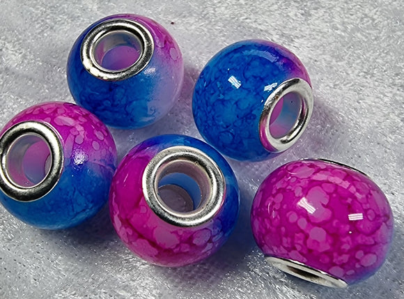 15X11MM BRASS CORE GLASS TWO-TONED RONDELLES - BLUE/FUCHSIA
