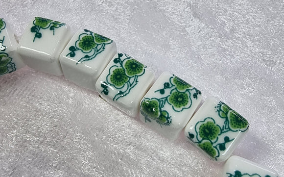 CUBES - 9-10MM HANDMADE PORCELAIN -WHITE /GREEN FLOWERS