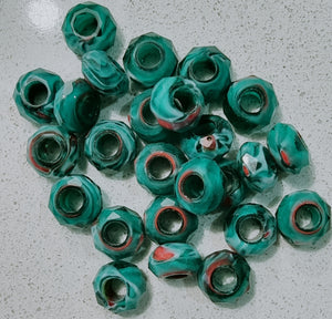 14X8MM GLASS LARGE HOLE RONDELLE - TURQUOISE GREEN MIX