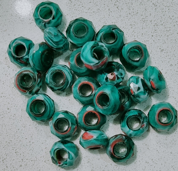 14X8MM GLASS LARGE HOLE RONDELLE - TURQUOISE GREEN MIX