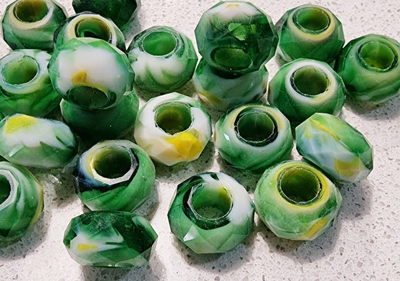 14X8MM GLASS LARGE HOLE RONDELLE - GREEN MIX