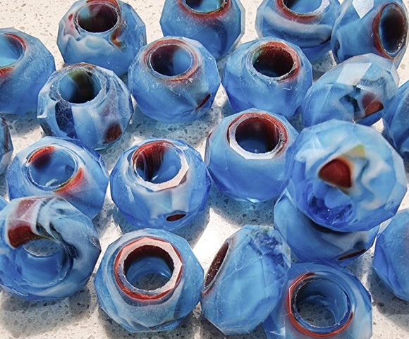 14X8MM GLASS LARGE HOLE RONDELLE - DODGER BLUE MIX