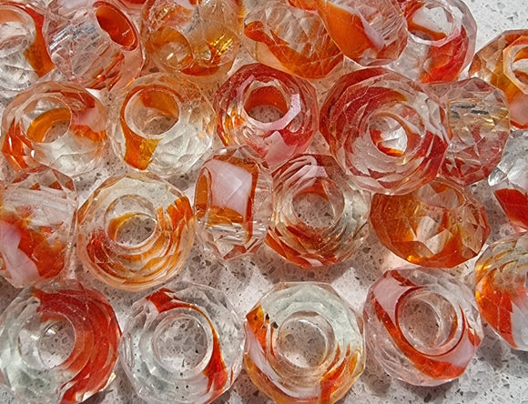 14X8MM GLASS LARGE HOLE RONDELLE - ORANGE/WHITE/CLEAR