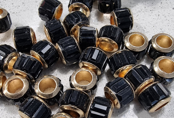 RONDELLES - 9-10.5MM FACETED GLASS - BRASS CORE - COLOUR - BLACK