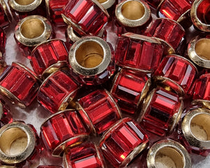 RONDELLES - 9-10.5MM FACETED GLASS - BRASS CORE - COLOUR - RUBY RED
