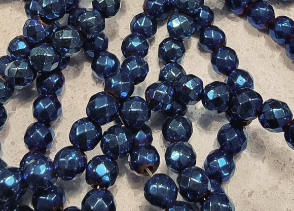 4MM GLASS ROUND BEADS - E.PLATED NON MAG. SYN. HEMATITE - MID BLUE