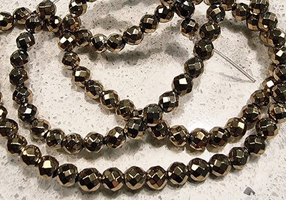 4MM GLASS ROUND BEADS - E.PLATED NON MAG. SYN. HEMATITE - DARK GOLD