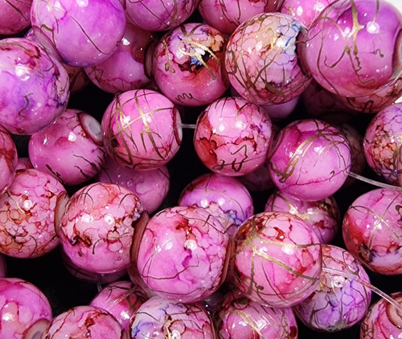 10MM GLASS BEADS - PER STRAND - PINK MOTTLE