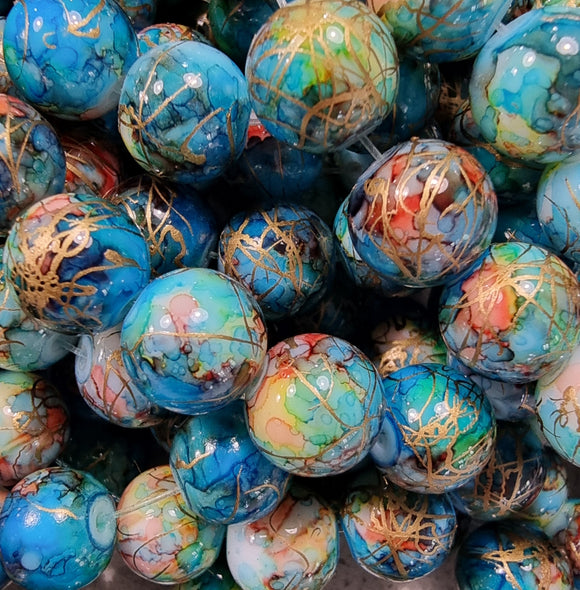 10MM GLASS BEADS - PER STRAND - SEA GREEN MOTTLE/GOLD FLECK