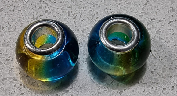 14MM LARGE HOLE GLASS TWO-TONED RONDELLES - AQUA/YELLOW