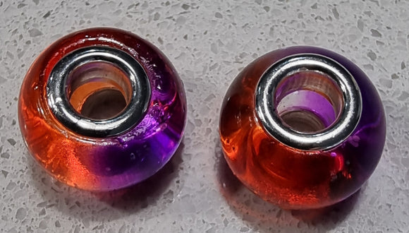 14MM LARGE HOLE GLASS TWO-TONED RONDELLES - PURPLE/ORANGE