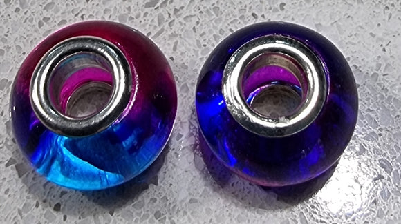 14MM LARGE HOLE GLASS TWO-TONED RONDELLES - BLUE/FUCHSIA