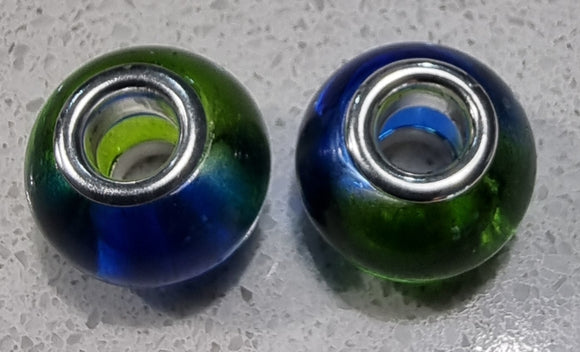 14MM LARGE HOLE GLASS TWO-TONED RONDELLES - GREEN/BLUE