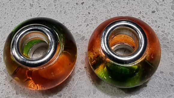 14MM LARGE HOLE GLASS TWO-TONED RONDELLES - GREEN/ORANGE