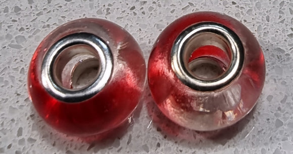 14MM LARGE HOLE GLASS TWO-TONED RONDELLES - RED/CLEAR