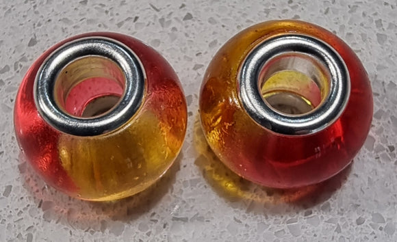 14MM LARGE HOLE GLASS TWO-TONED RONDELLES - RED/ORANGE