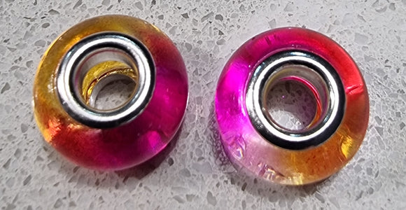 14MM LARGE HOLE GLASS TWO-TONED RONDELLES - FUCHSIA/ORANGE