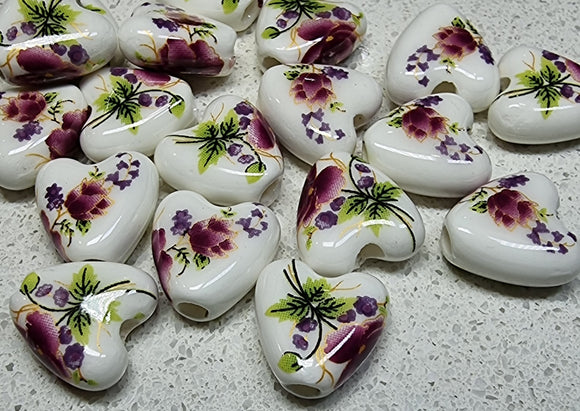 15X15X7MM H/MADE PORCELAIN BEADS - HEARTS - VIOLET RED