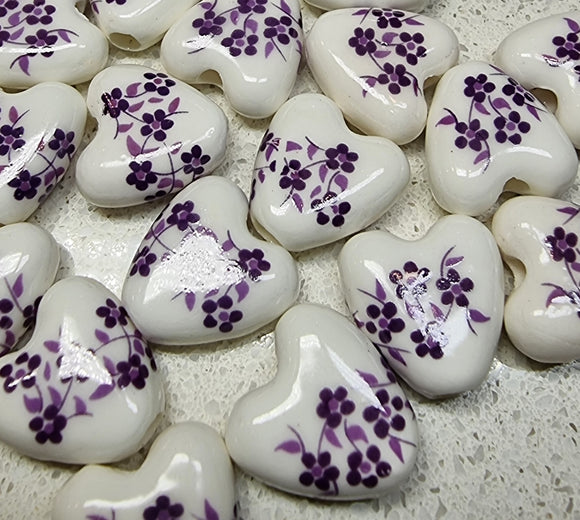 15X15X7MM H/MADE PORCELAIN BEADS - HEARTS - PURPLE